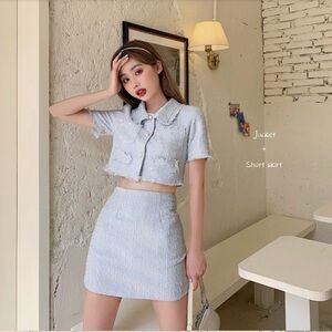Allizzwell-Tweed Short- Sleeve Crop top/ High waist- Slim Fit Skirt
